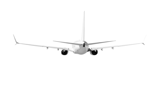White airplane Boeing 737 Max 737-8 rear back view angle isolated on a transparent background. Modern passenger jet airplane.