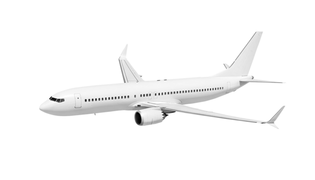 White airplane Boeing 737 Max 737-8 side view high angle isolated on a transparent background. Modern passenger jet airplane.