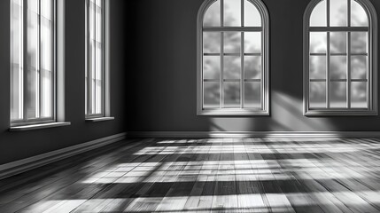 Bright, sunlit room with large windows casting shadows on wooden floor, creating a serene atmosphere