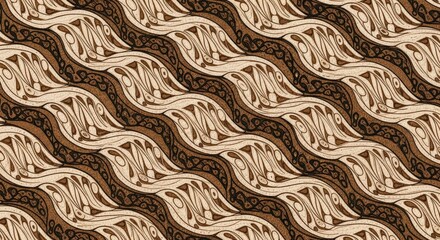 Intricate Brown and Beige Wavy Batik Pattern with Decorative Detailing for Textile Design