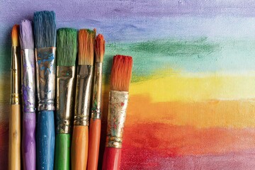 Fototapeta premium Row Of Paint Brushes Dipped In Vivid Paint Colors Against Rainbow Glitter Background