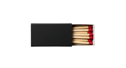 A dark black matchbox with several wooden matches with red tips partially pulled out isolated on white background