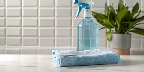 Sparkling clean surfaces with cleaning spray and microfiber cloth, a healthy home environment.