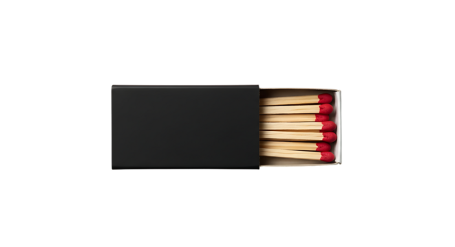 A dark black matchbox with several wooden matches with red tips partially pulled out isolated on white background