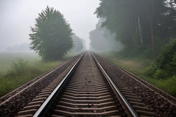 Railway tracks disappearing into the misty distance a serene landscape ideal for travel and transportation themes