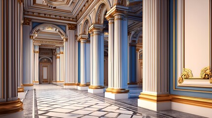 Elegant grand hallway with ornate columns and intricate ceiling details, showcasing a luxurious architectural design