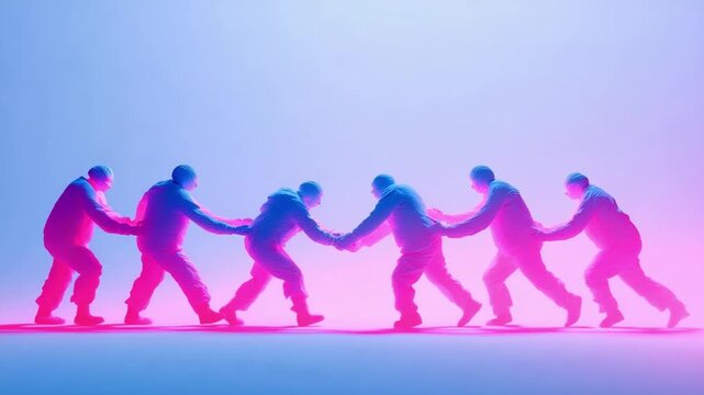A group of people on snow forming a human chain, each holding the next person&rsquo;s hands in a tug‑of‑war style line.