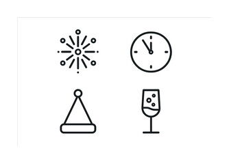 Vector Minimalistic new year celebration icons: fireworks, clock, party hat, champagne glass