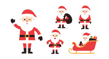 Festive Santa Claus illustrations in various poses including waving, carrying a sack, and riding a sleigh, perfect for holiday designs