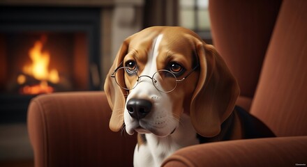 Cozy beagle dog relaxing by warm fireplace on comfortable sofa