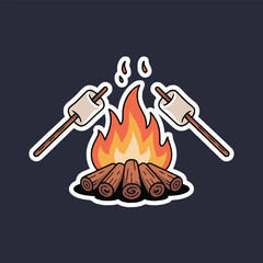 A cartoon campfire with logs and flames and marshmallows on sticks ready to be roasted nicely now