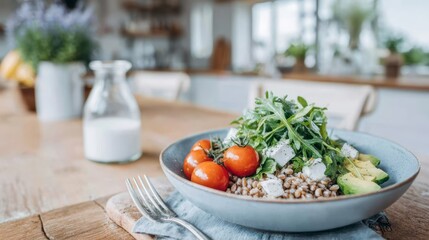 A vibrant farro salad with arugula, cherry tomatoes, and avocado sits on a wooden table