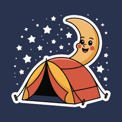 Cartoon illustration of a smiling moon behind a tent under a starry night sky background