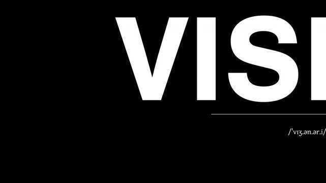 Animated kinetic typography of the word Visionary scrolling in bold black and white dictionary style with phonetic pronunciation and definition. Seamless loop for corporate and motivational videos