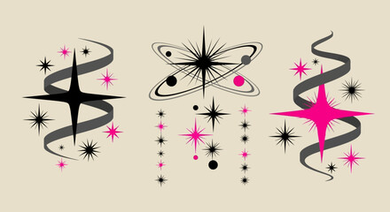 A stylish set of mid-century modern design elements featuring retro 1950s atomic stars, celestial swirls, and sparkling graphics
