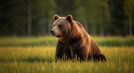 Majestic grizzly bear in lush green meadow at golden hour serene wildlife portrait