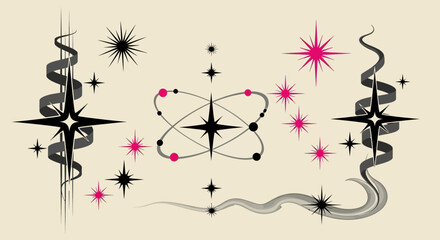 A collection of mid-century modern graphic elements featuring atomic stars, sparkle symbols, and retro futuristic design swirls