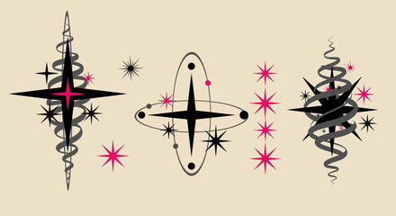 Abstract retro graphic set with mid-century atomic starbursts and sparkling celestial shapes