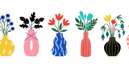 Set of various hand-drawn whimsical vases with beautiful spring flowers. Modern decorative floral vector illustration