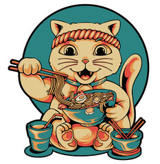 Cute cat eating ramen logo design vector illustration