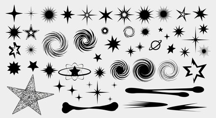 Collection of black silhouette vector stars, sparkles, and galaxy swirls. Set of abstract celestial shapes and cosmic design elements