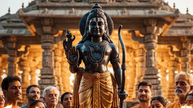 Lord Rama Idol at Ayodhya Grand Temple with Devotees Celebrating Ram Navami Festival, Hindu Culture, and Tradition