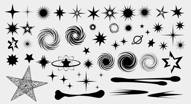 Collection of black silhouette vector stars, sparkles, and galaxy swirls. Set of abstract celestial shapes and cosmic design elements