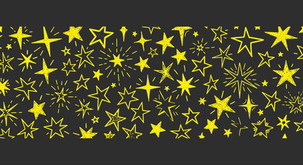 A seamless banner featuring a collection of hand-drawn yellow doodle stars on a dark background. Vector illustration of a celestial night sky pattern © Jonathan