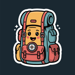 A cartoon backpack with a smiling face and a compass on a dark background with white outline art