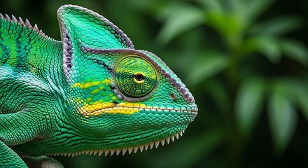 Obraz premium Vivid green chameleon with detailed scales and textured skin against lush foliage