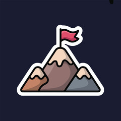 Cartoon illustration of three mountains with a red flag on the highest peak against dark background