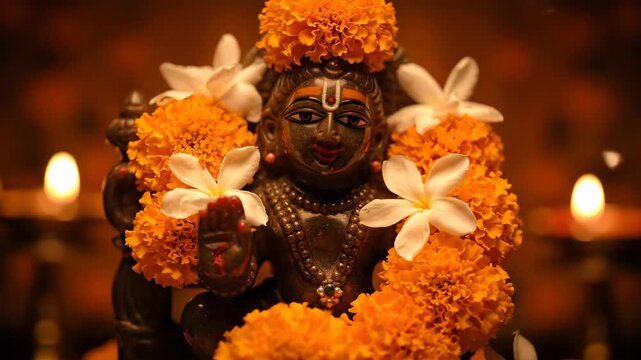 Lord Rama's Infant Idol Adorned with Flowers, Representing Ram Navami Celebrations and the Ayodhya Grand Temple