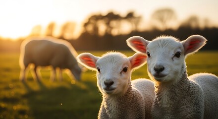 Obraz premium Adorable lambs in golden sunset field rural farm life warm sunlight pastoral scene