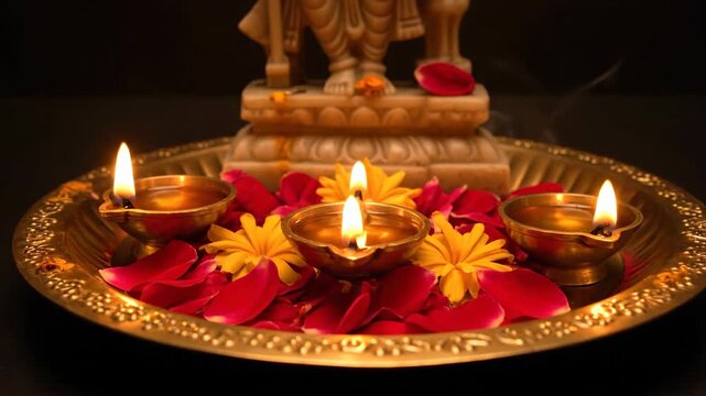 Ram Navami Celebration Divine Lala Murti with Lit Diyas, Flowers, and Golden Plate for Ayodhya Grand Temple Festival