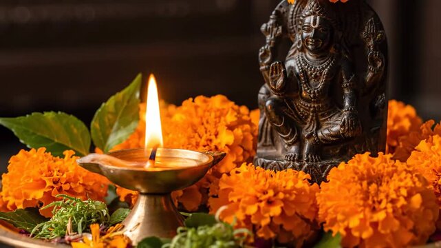Spiritual Ram Navami Celebration Lala Murti and Diya with Marigold Flowers Celebrating Ayodhya Grand Temple