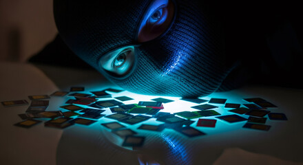 Person wearing balaclava looking at SIM cards. Thief stealing digital data. Mobile identity theft and cyber fraud concept.