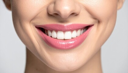 Fototapeta premium Close Up of Woman’s Pink Smiling Lips with Beauty Makeup