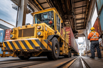 Intermodal Crossover Inside Port, Terminal Tractor Backing Container Onto Rail Well Car, Spotter With Wand, Alignment Laser On Spreader