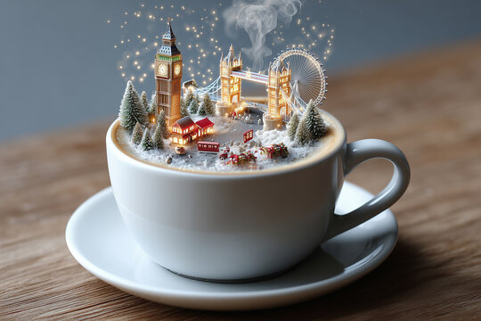 Fantasievolle Kaffeetasse mit Miniaturstadt &ndash; London im Winter