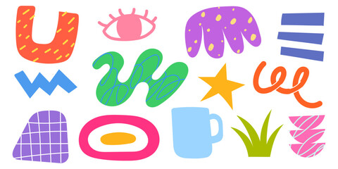 Set of abstract groovy organic shapes vector. A playful mix of retro flowers, clouds, sparkles, and wavy forms in vibrant funky style. Perfect for prints, stickers, and creative design