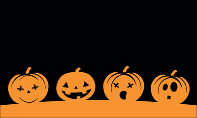 Halloween orange pumpkins with scary faces on black background.  Halloween banner background with Jack o lantern. Halloween vector illustration. Flat vector background illustration