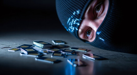 Cyber thief in balaclava looking at sim card pile. Digital fraudster planning identity theft. Concept of data breach and cyber crime.