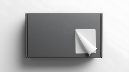 Unveiling the mystery: A close-up shot of a minimalist black cardboard box, with a corner of its white label elegantly peeled back, offering a hint of its contents.