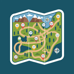 Illustrated map with winding paths mountains trees compass and location markers with facial expressions