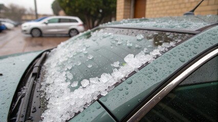 A car's windshield covered with ice pellets and rain droplets, showcasing severe weather conditions.