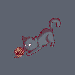 Black Cat in Attack Pose with Yarn Ball vector illustration. Animal, scary vector illustration.