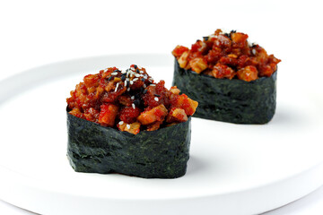 Nigiri with red fish on a white background isolated for menu