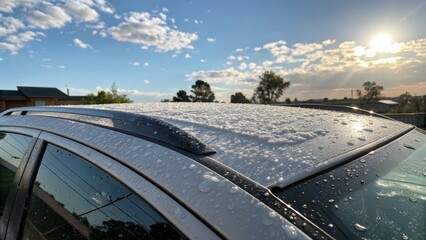 A close-up of a car roof covered in water droplets, illuminated by sunlight, with a cloudy sky and greenery in the background.