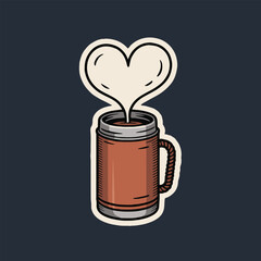Illustration of a brown mug with a rope handle and a heart shaped steam on a dark blue background