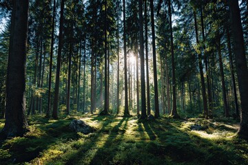 Sunlight Streaming Through Tall Green Trees Creating Shadows on Forest Floor in a Lush Woodland Setting Featuring Dense Vegetation and Tranquil Atmosphere